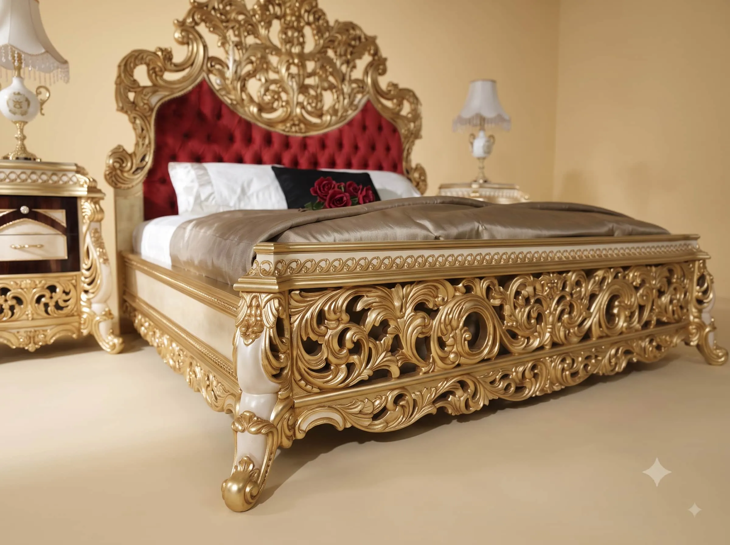 Red Velvet Bed in Carved Teak - Gold Openwork Footboard and Crest