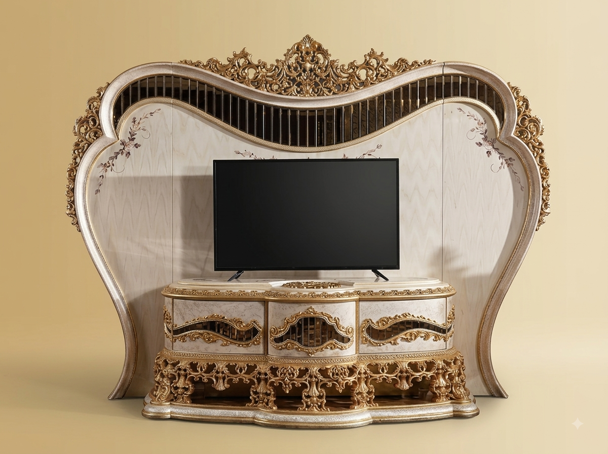 Handcrafted Teak Wood TV Unit with Back Panel | Ivory and Gold Rococo Design
