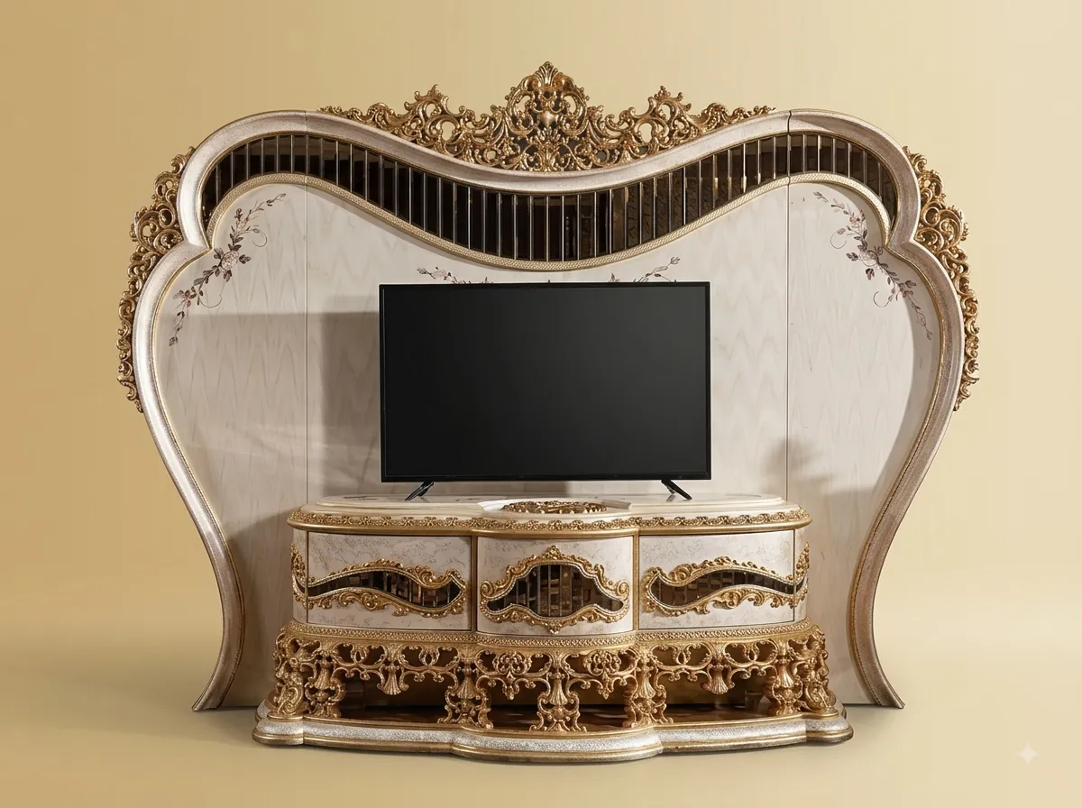 Handcrafted Teak Wood TV Unit with Back Panel | Ivory and Gold Rococo Design