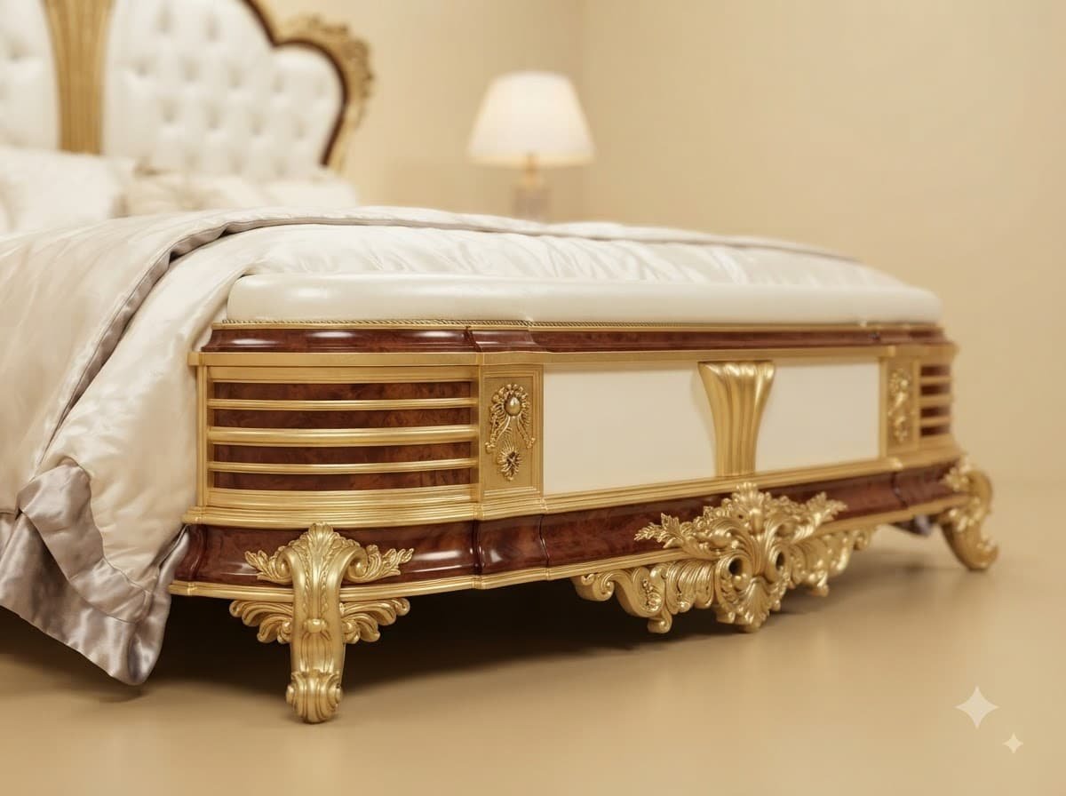 King Size Bed with Storage in Carved Teak - Gold and Mahogany - Image 3