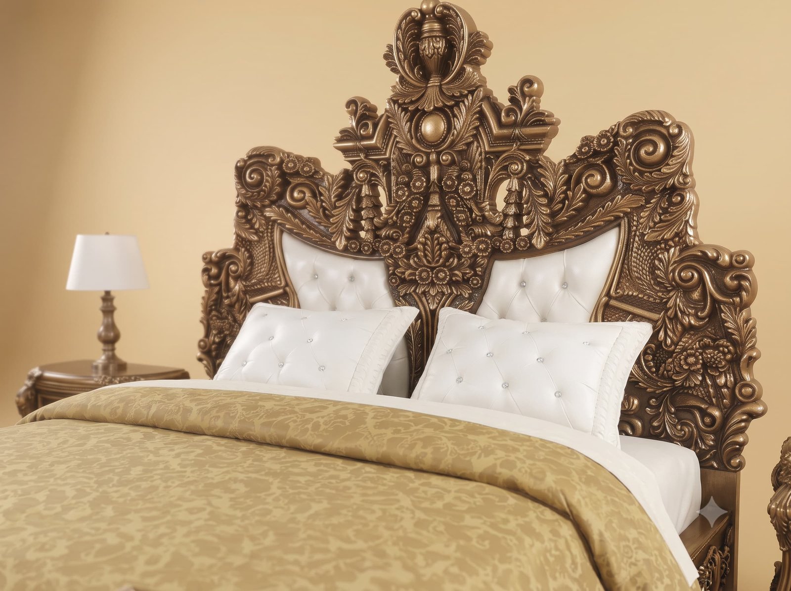 Luxury Bed Design in Carved Teak - Antique Bronze with Tufted Panels - Image 4