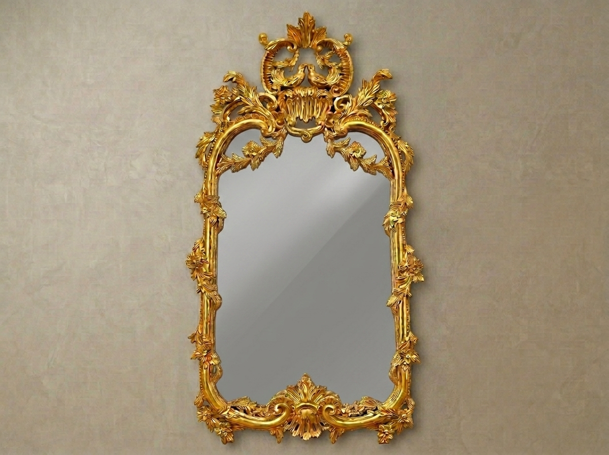 Luxury Antique Gold Hand Carved Wooden Mirror Frame | European Palace Baroque Wall Mirror with Gold Leaf Finish