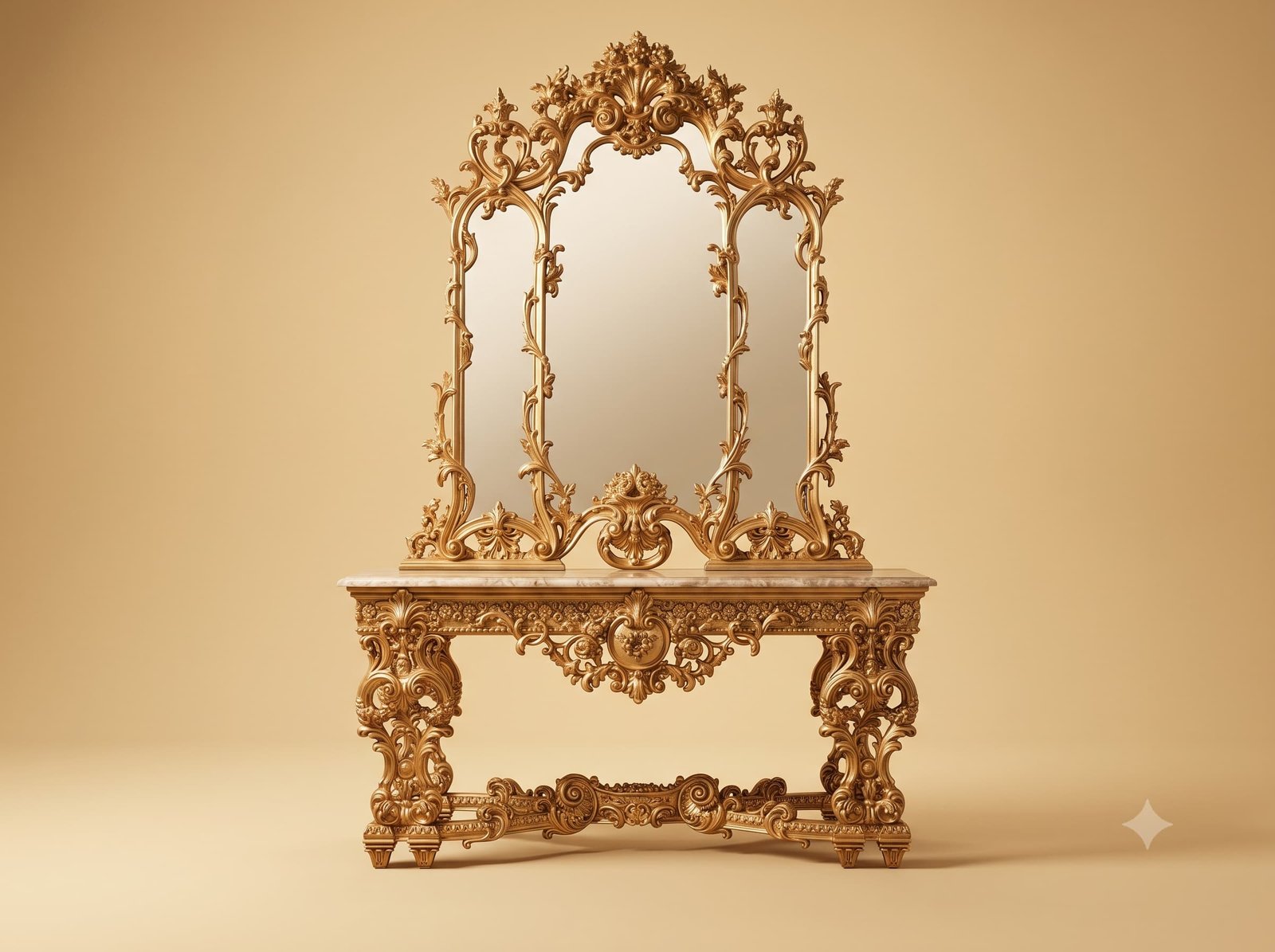 Entryway Table in Gilded Teak with Three Panel Carved Mirror