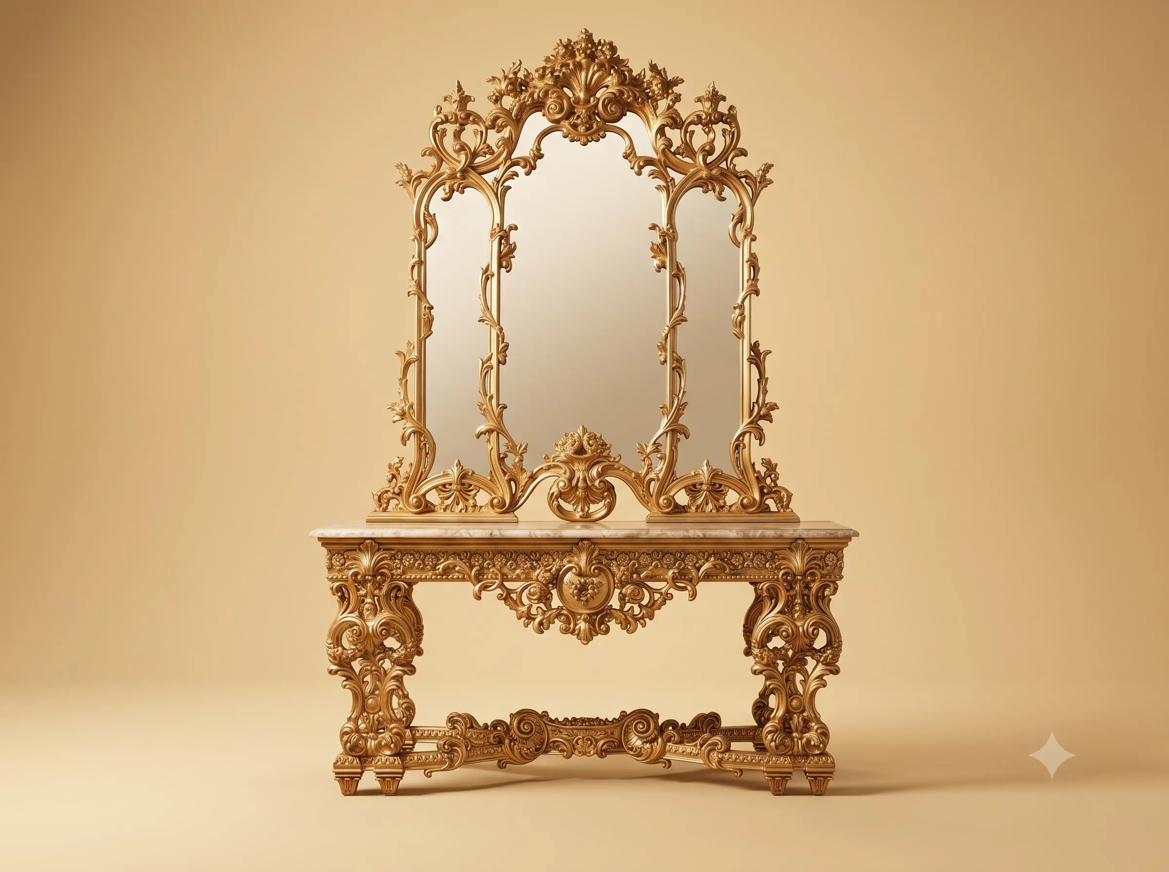 Entryway Table in Gilded Teak with Three Panel Carved Mirror