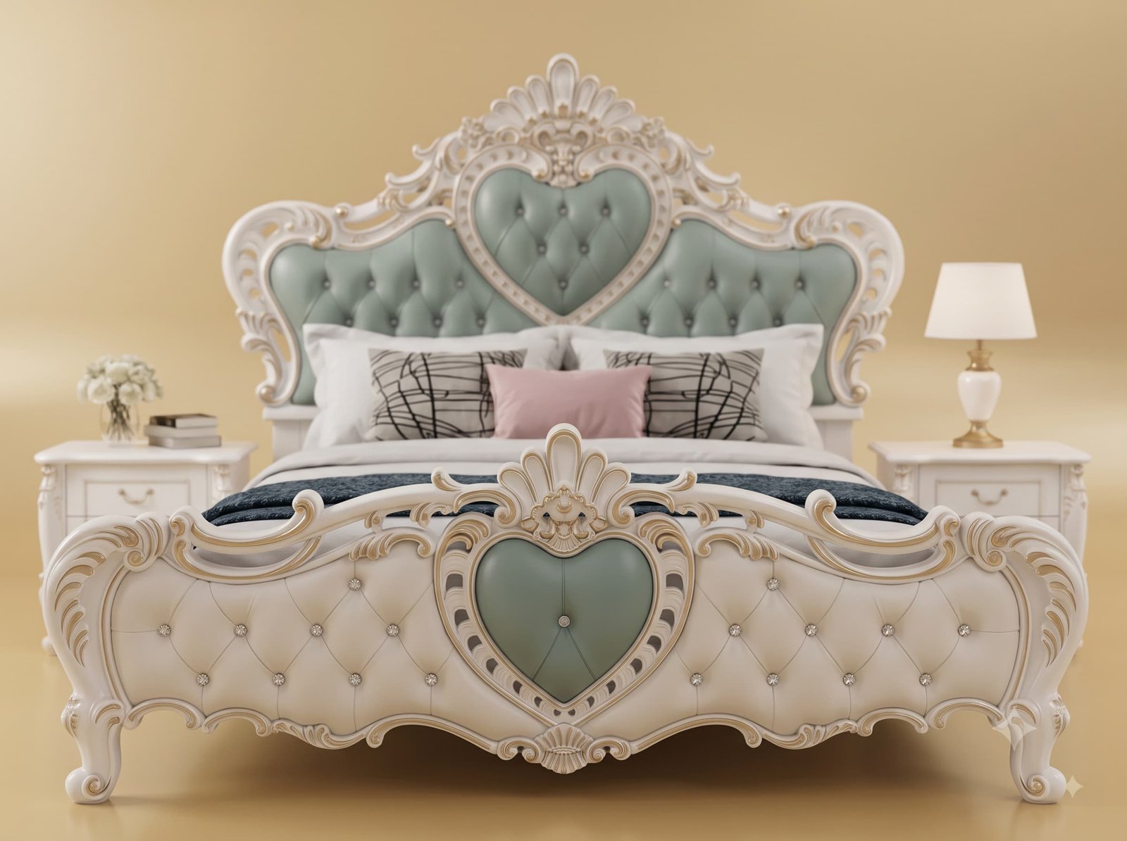 Sage Green Bed in Carved Teak - White Bedroom Set with Bedsides - Image 2