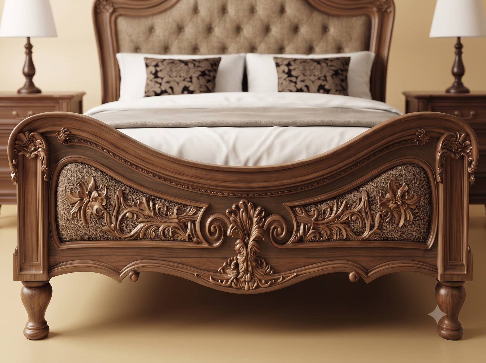Classic Bed Design in Carved Teak - Linen Headboard in Warm Brown - Image 4