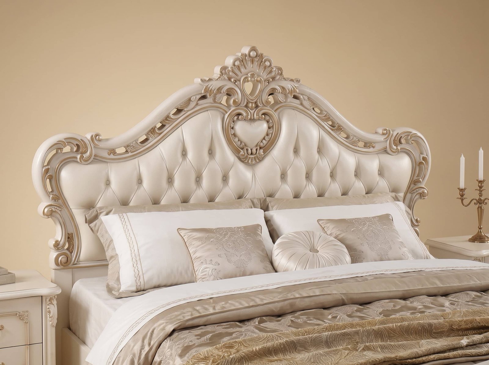 Teak Wood King Size Bed with Side Tables - Cream Heart Carved Headboard - Image 2