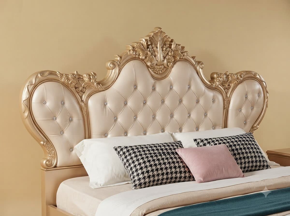 Wing Headboard King Size Bed in Carved Teak - Champagne Gold with Side Tables - Image 4