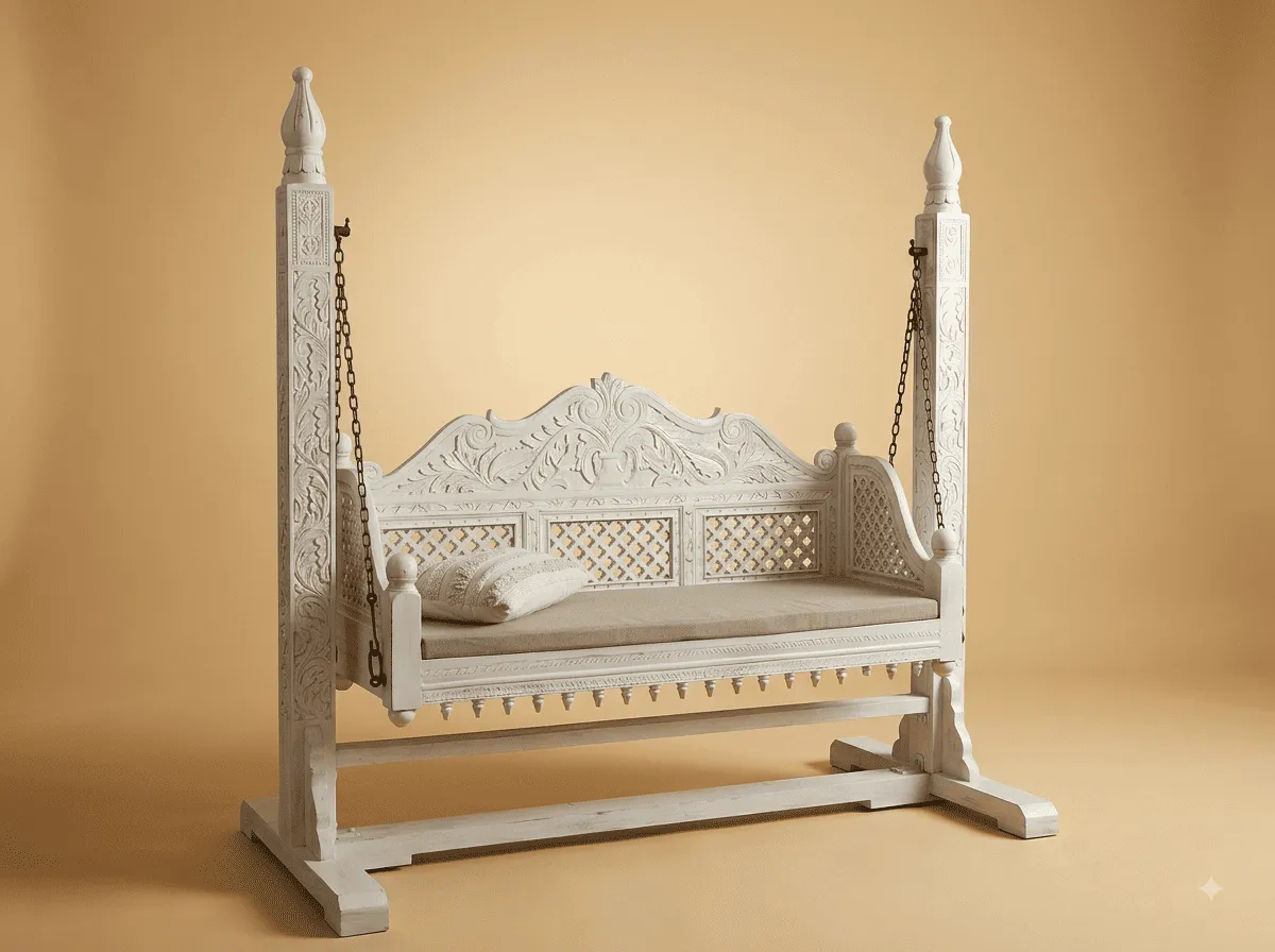 White Wooden Jhula in Carved Teak - 2 Seater Swing with Trestle Stand