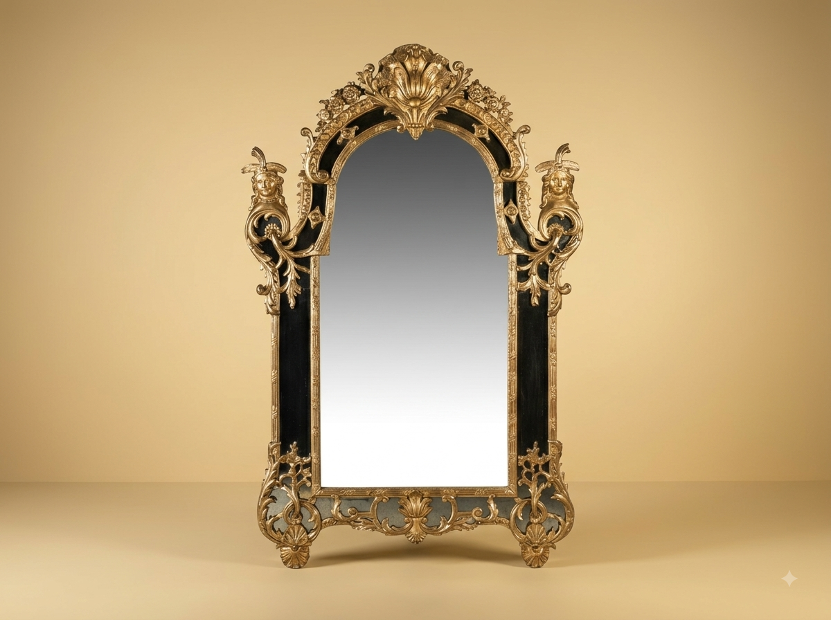 Hand-Carved Teak Wood Black and Gold Arched Mirror | Shell Crest Wall Mirror