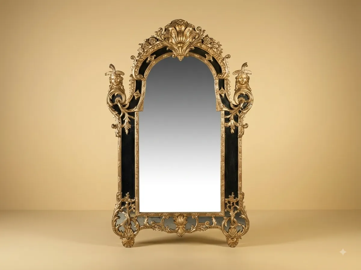 Hand-Carved Teak Wood Black and Gold Arched Mirror | Shell Crest Wall Mirror