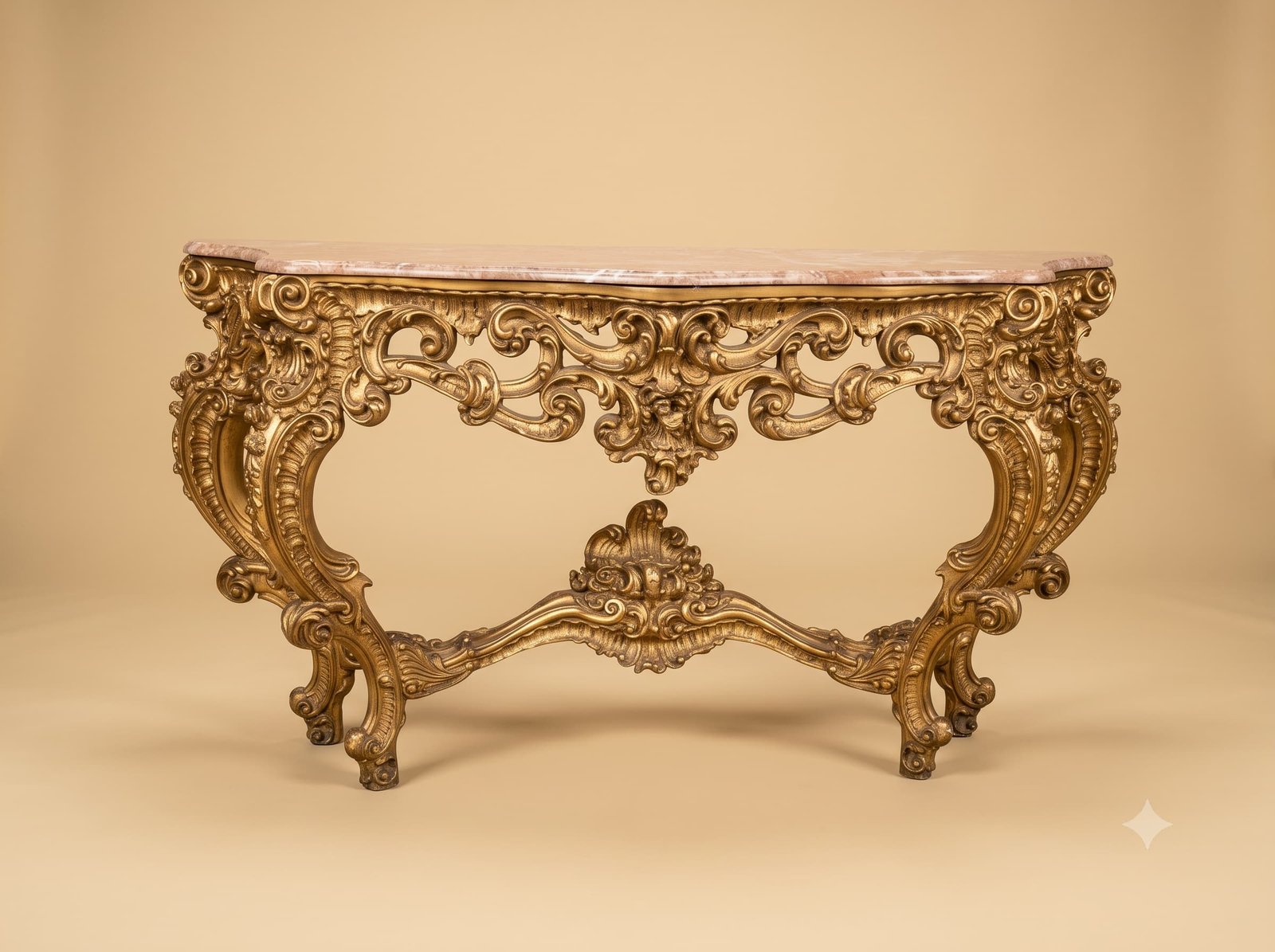 Designer Console Table in Gilded Teak with Scrolled Apron