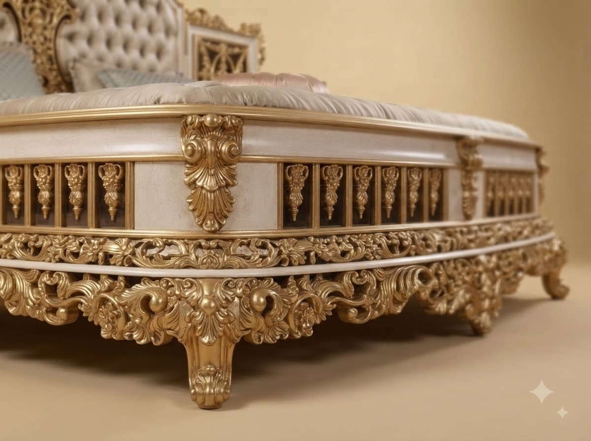 Ivory and Gold Bedroom Set in Carved Teak - King Bed with Attached Chests - Image 4