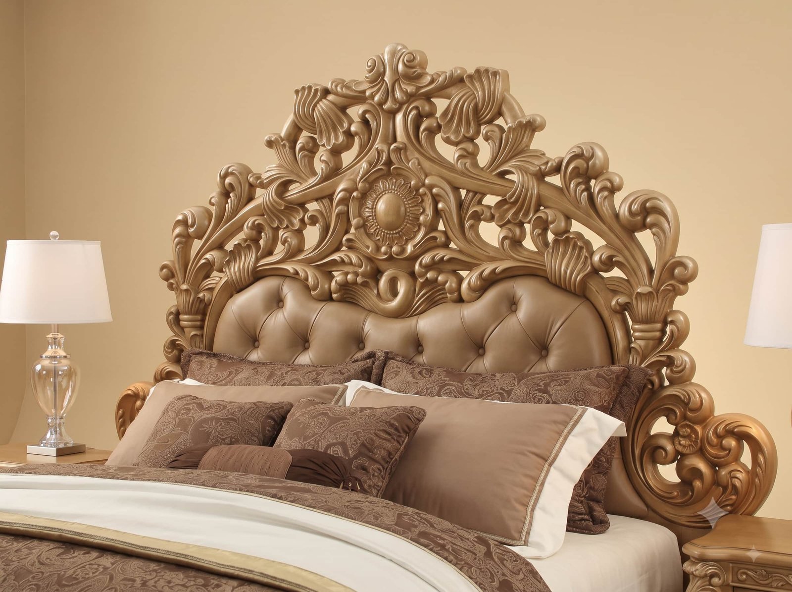 Bedroom Furniture Set in Carved Teak - Antique Gold with Taupe Tufting - Image 4