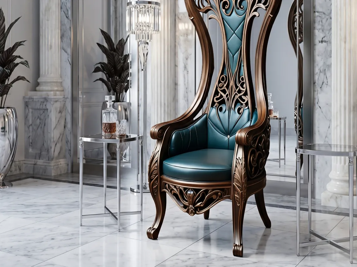 Contemporary Scroll High Back Chair — Teal Leather &amp; Bronze, Marble Setting