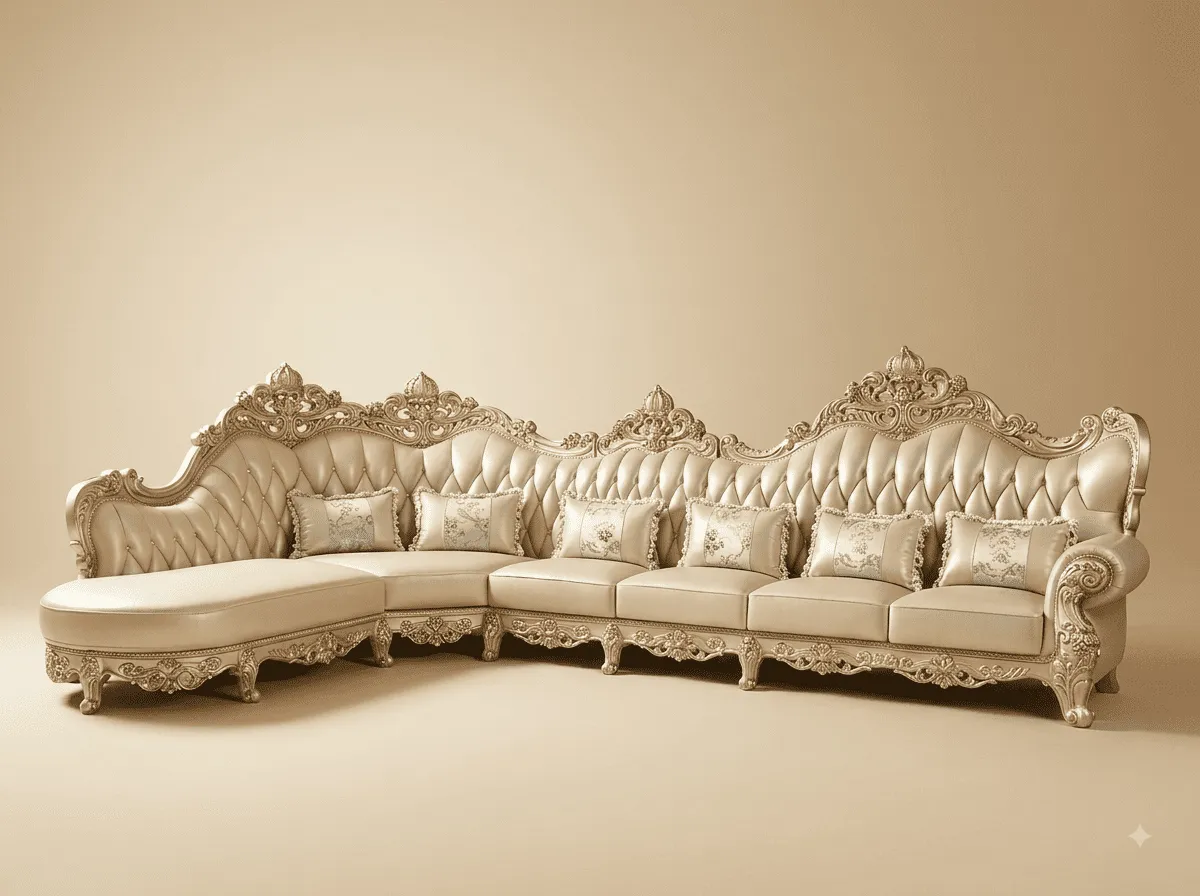 Sofa Set for Living Room in Carved Teak - Champagne with Chaise