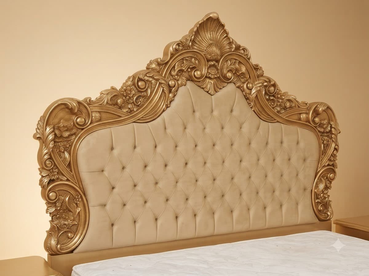 Velvet King Size Bed in Carved Teak - Gold Frame with Tufted Headboard - Image 4