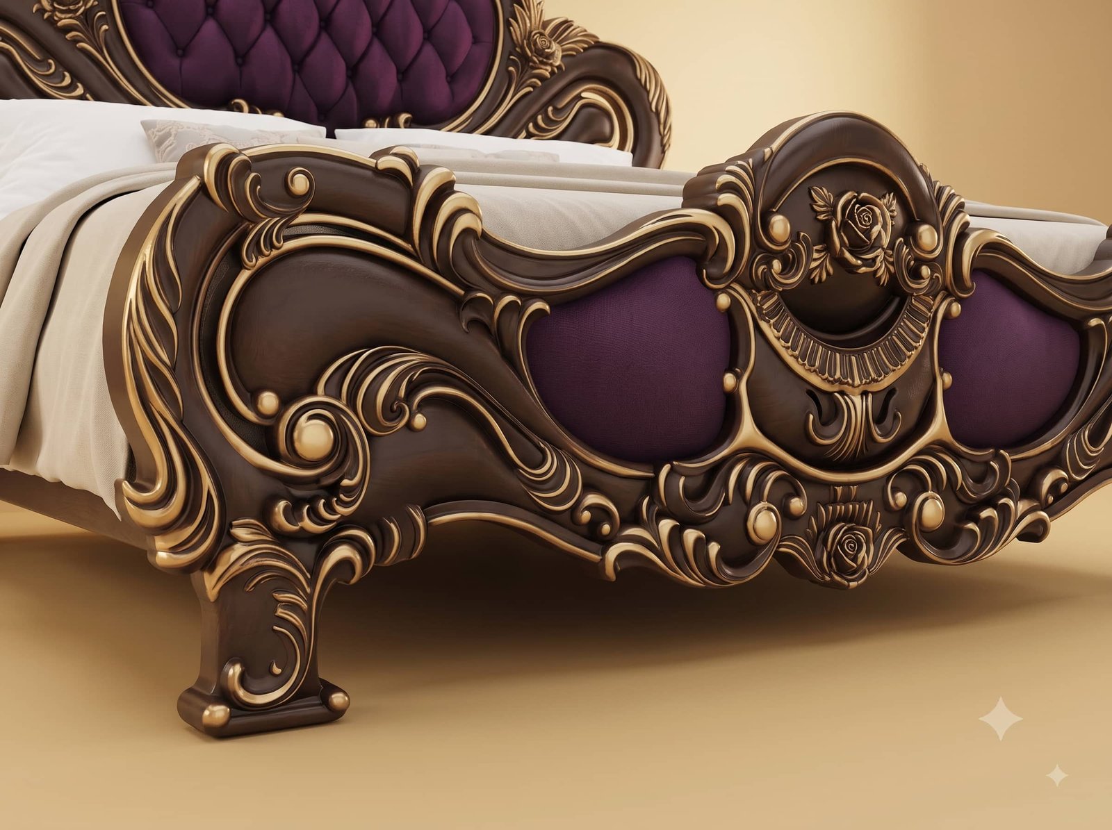 Plum Bed Design in Carved Teak - Dark Chocolate Frame with Gold Edges - Image 3