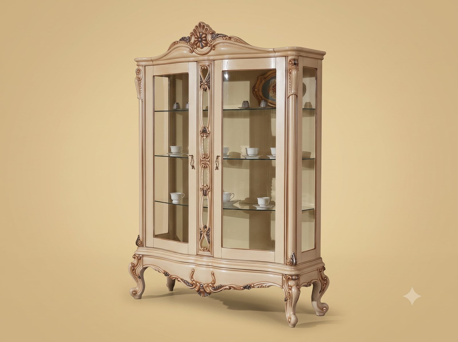 Glass Front Cabinet in Blush Cream Teak with Serpentine Base - Image 1