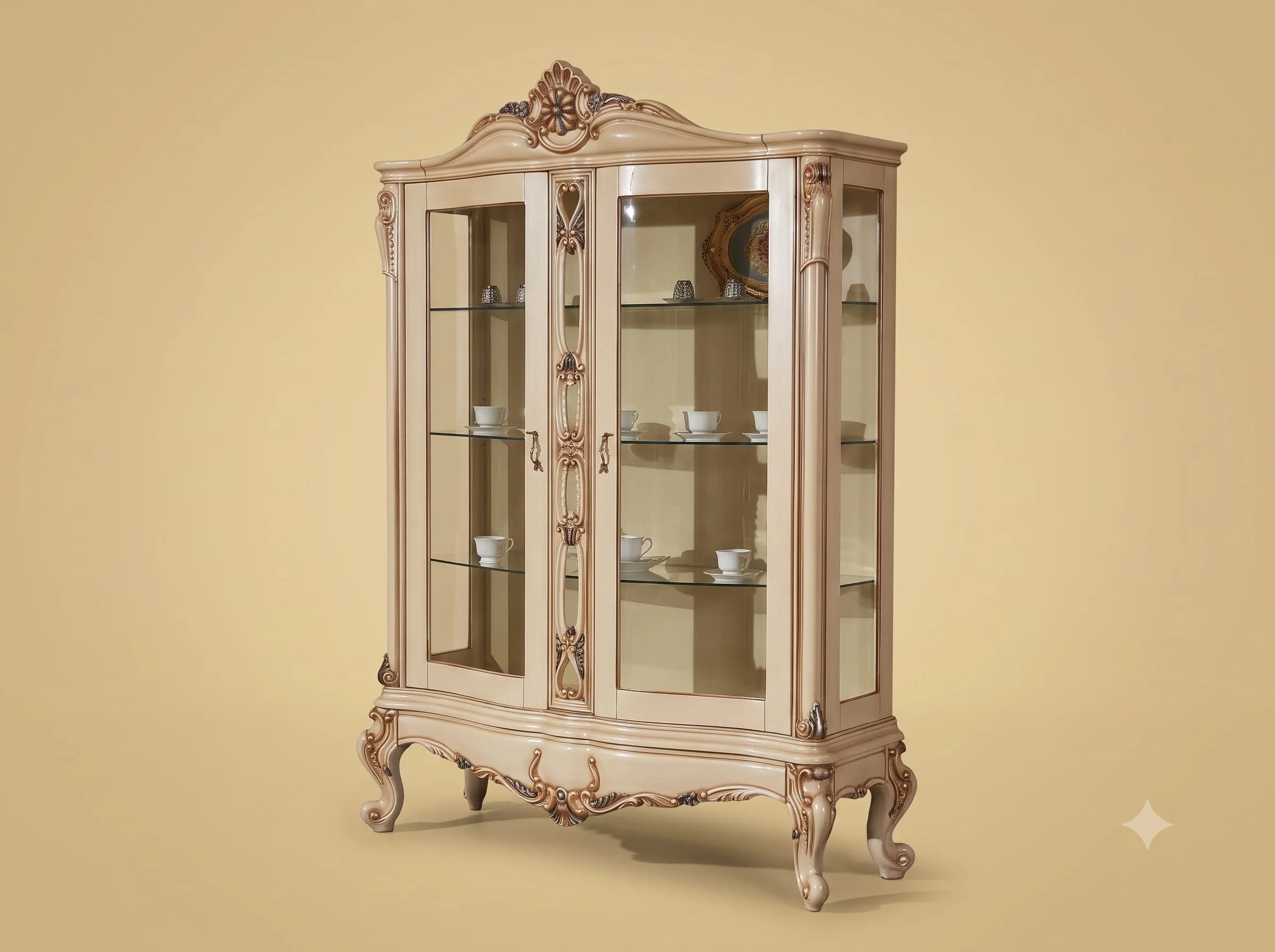 Glass Front Cabinet in Blush Cream Teak with Serpentine Base