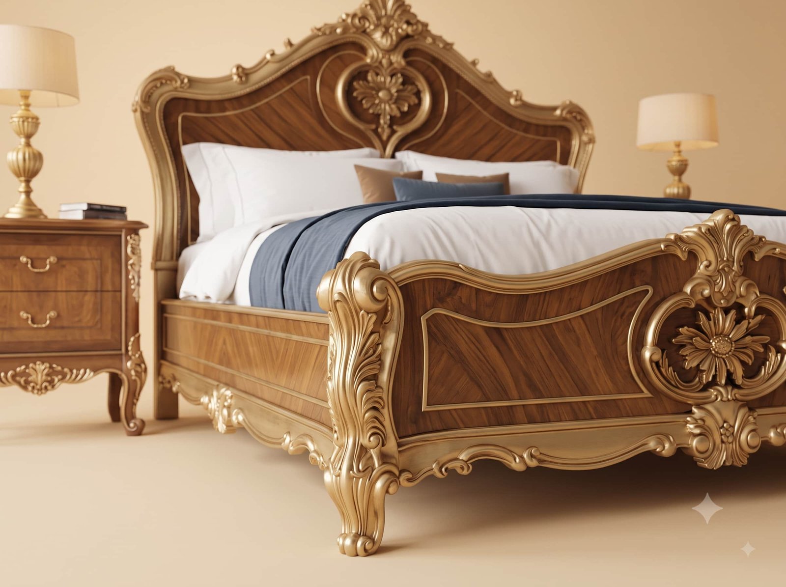 Wooden Bed Design in Carved Teak - Natural Wood Panels with Gold Trim - Image 2