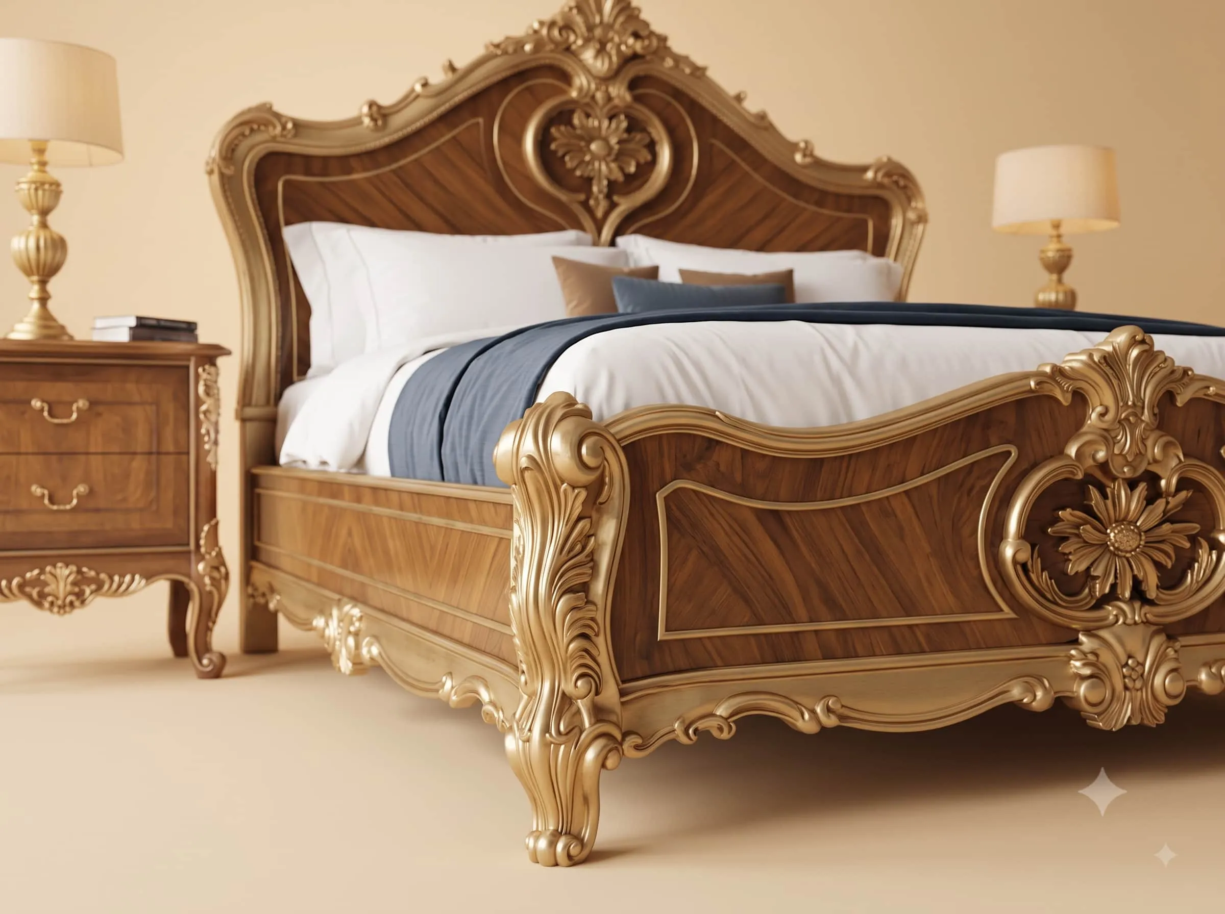 Wooden Bed Design in Carved Teak - Natural Wood Panels with Gold Trim