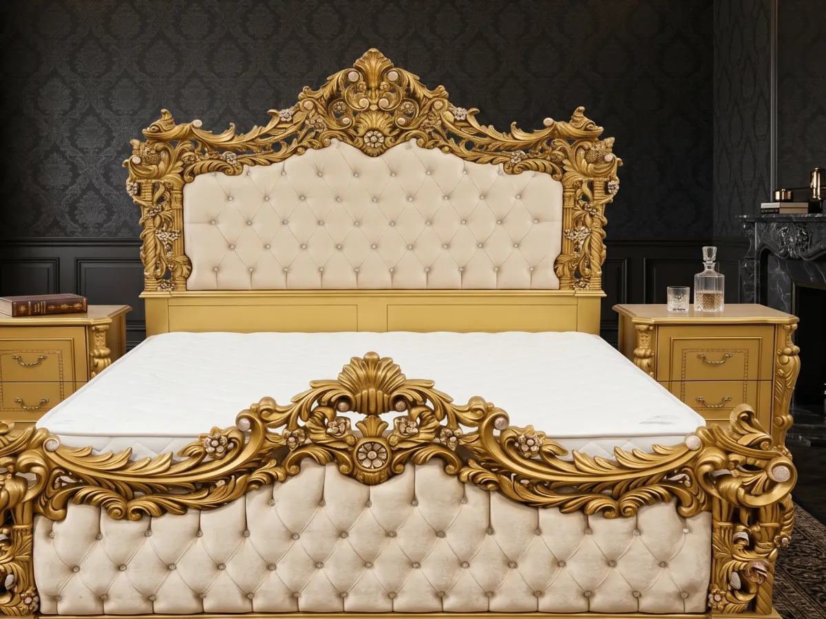 Grand Gold Baroque Hand-Carved Bedroom Set Featuring Ivory Cream Diamond-Button Tufted Headboard & Footboard Panel, Shell & Acanthus Scroll Crest, and Matching Gold Carved Nightstands