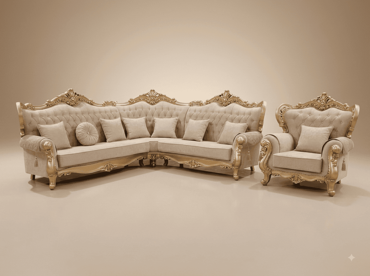 Corner Sofa with Armchair in Carved Teak - Ivory and Champagne