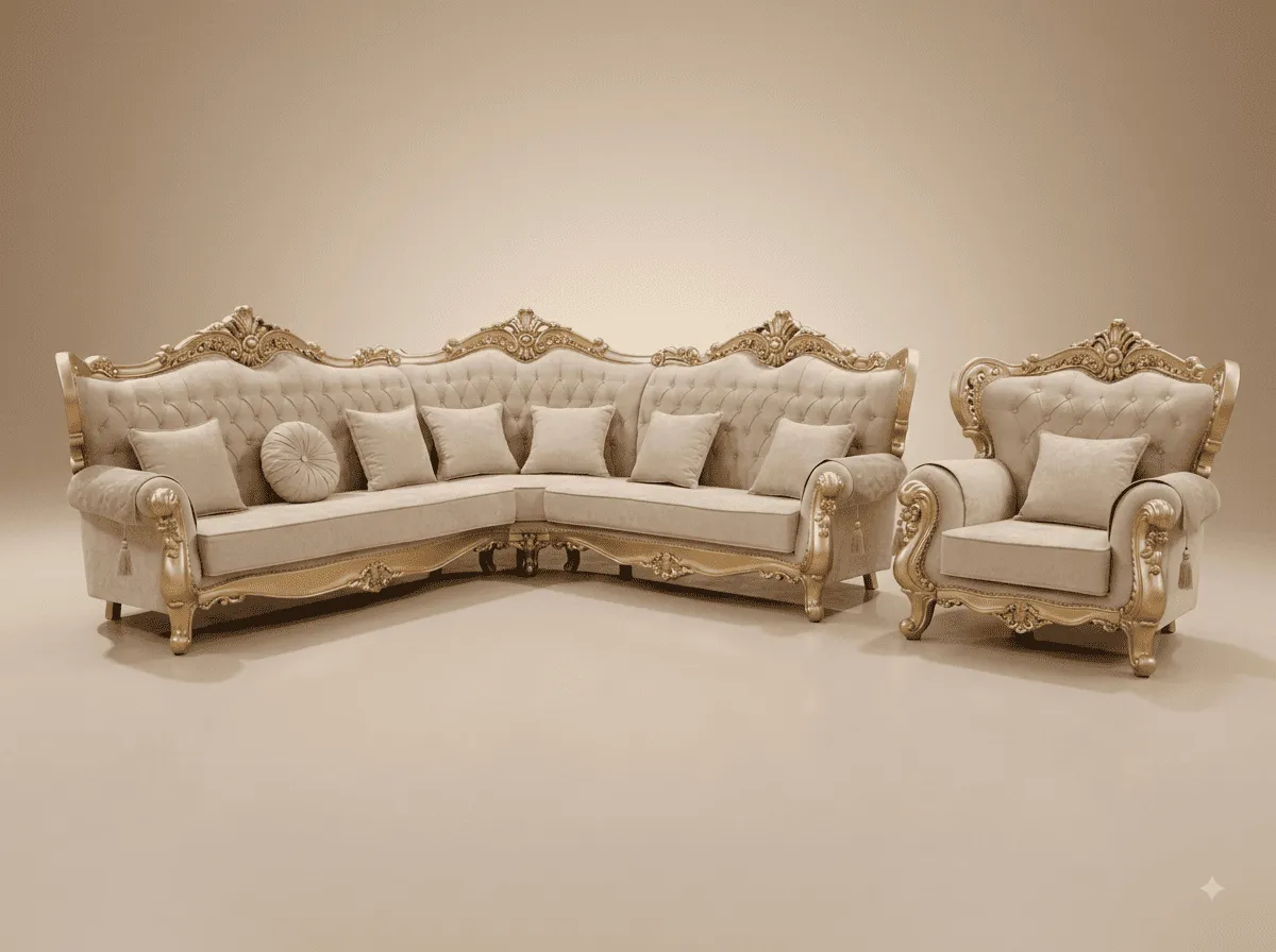 Corner Sofa with Armchair in Carved Teak - Ivory and Champagne