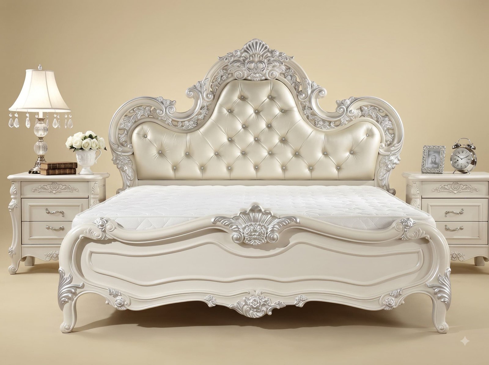 Royal Luxury Handcrafted Carved Teak Bed | White and Silver Leaf Headboard Design