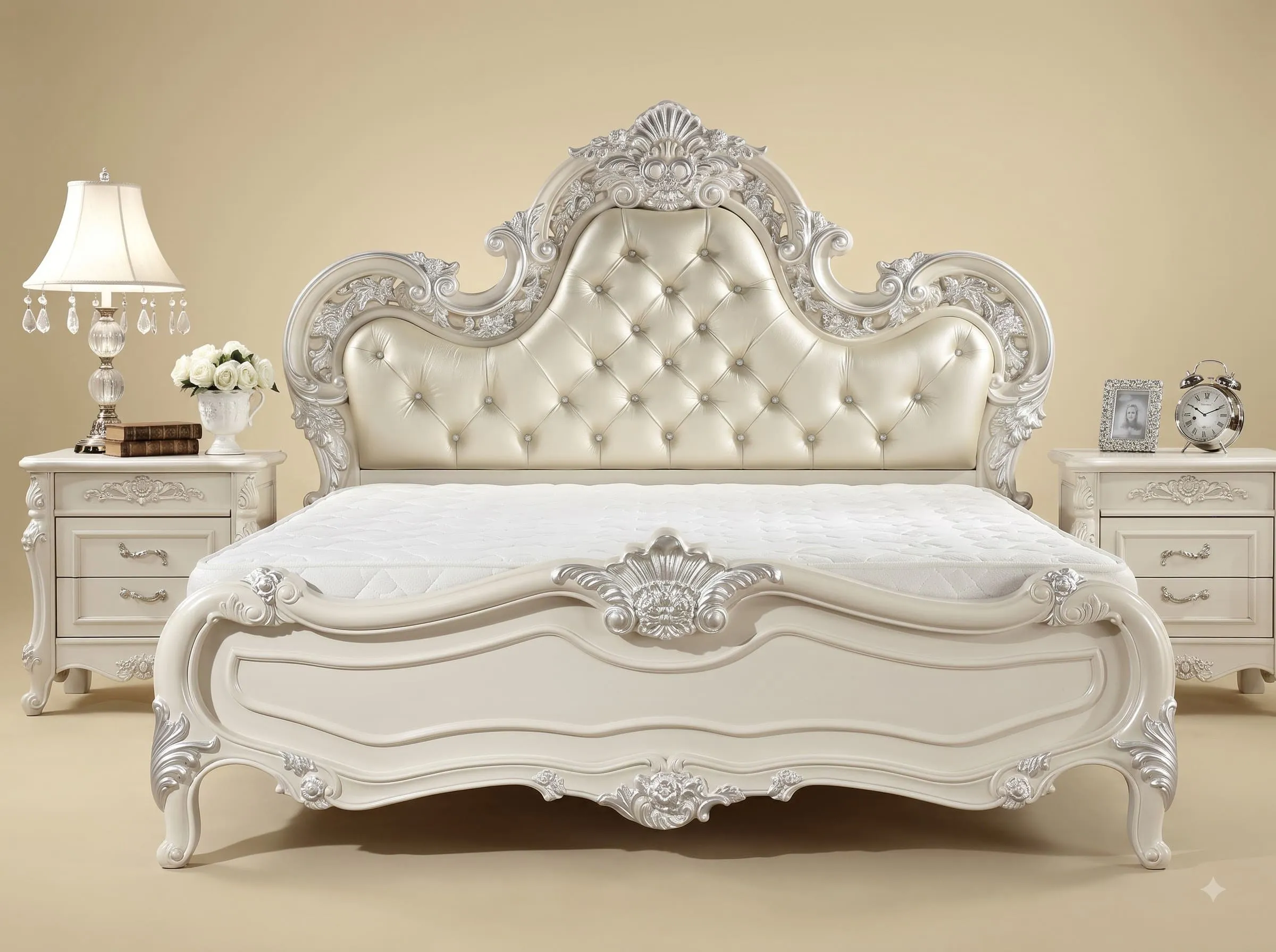 Royal Luxury Handcrafted Carved Teak Bed | White and Silver Leaf Headboard Design