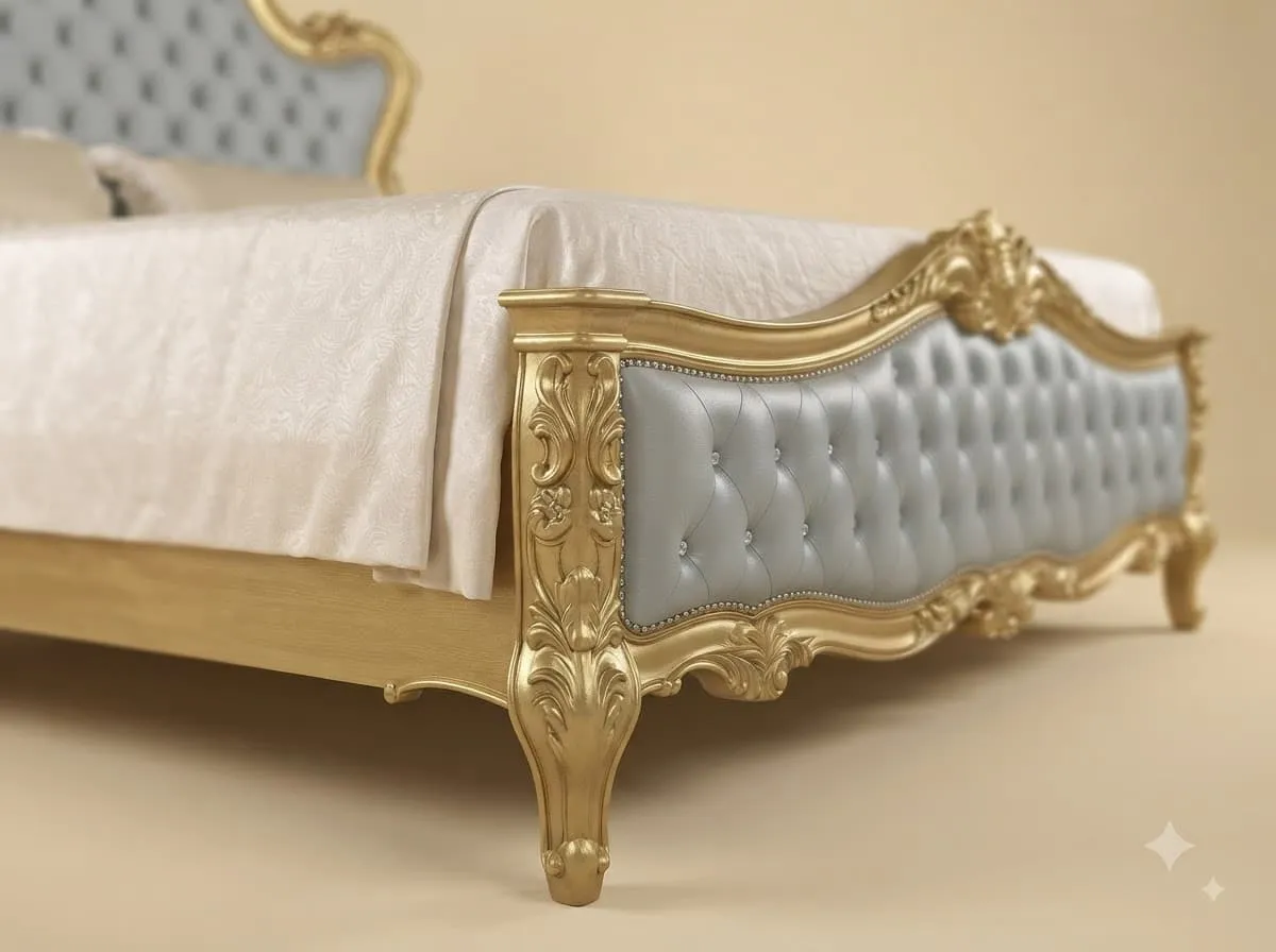 Gold and Grey King Size Bed - Carved Teak with Tufted Headboard