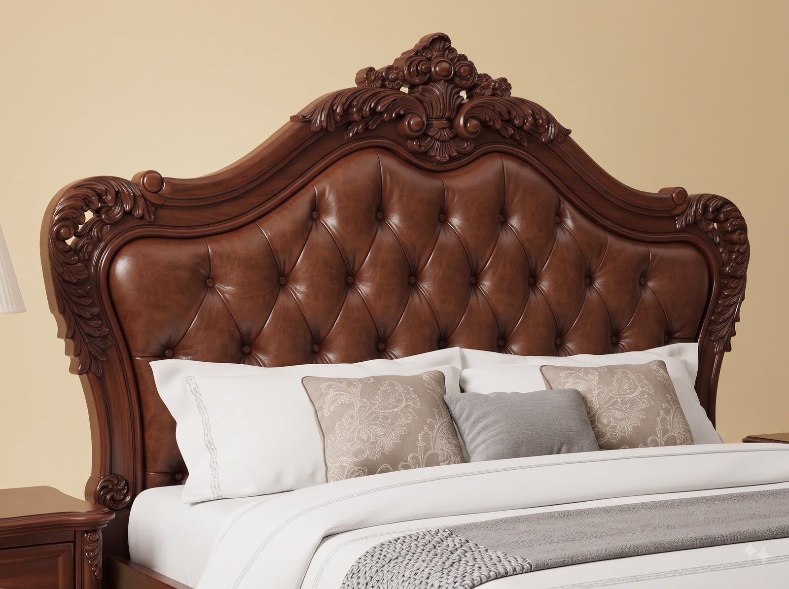 Leather Bed in Solid Teak - King Size with Tan Buttoned Headboard - Image 4