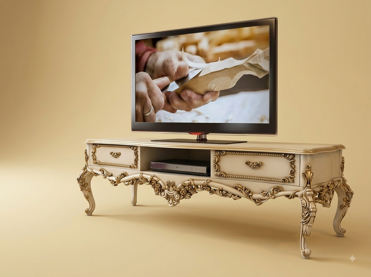 Handcrafted Teak Wood TV Unit | Cream and Gold Louis XV Carved Console