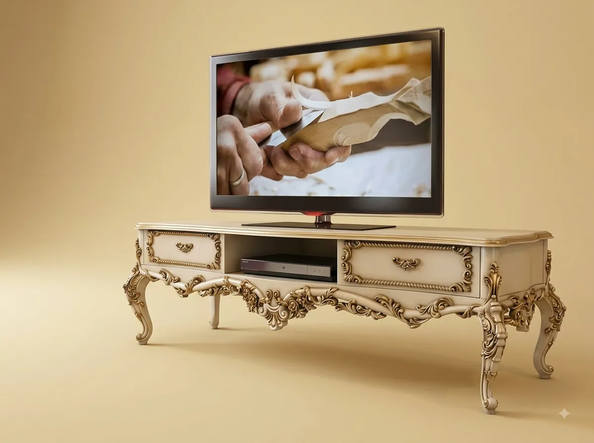 Handcrafted Teak Wood TV Unit | Cream and Gold Louis XV Carved Console