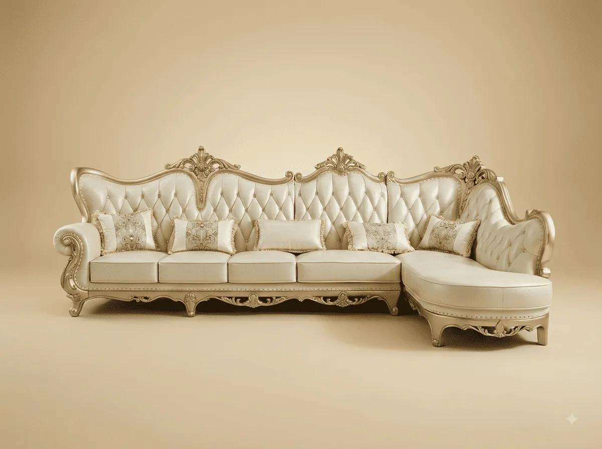 L Shape Sofa in Carved Teak - Cream Buttoned Back with Chaise