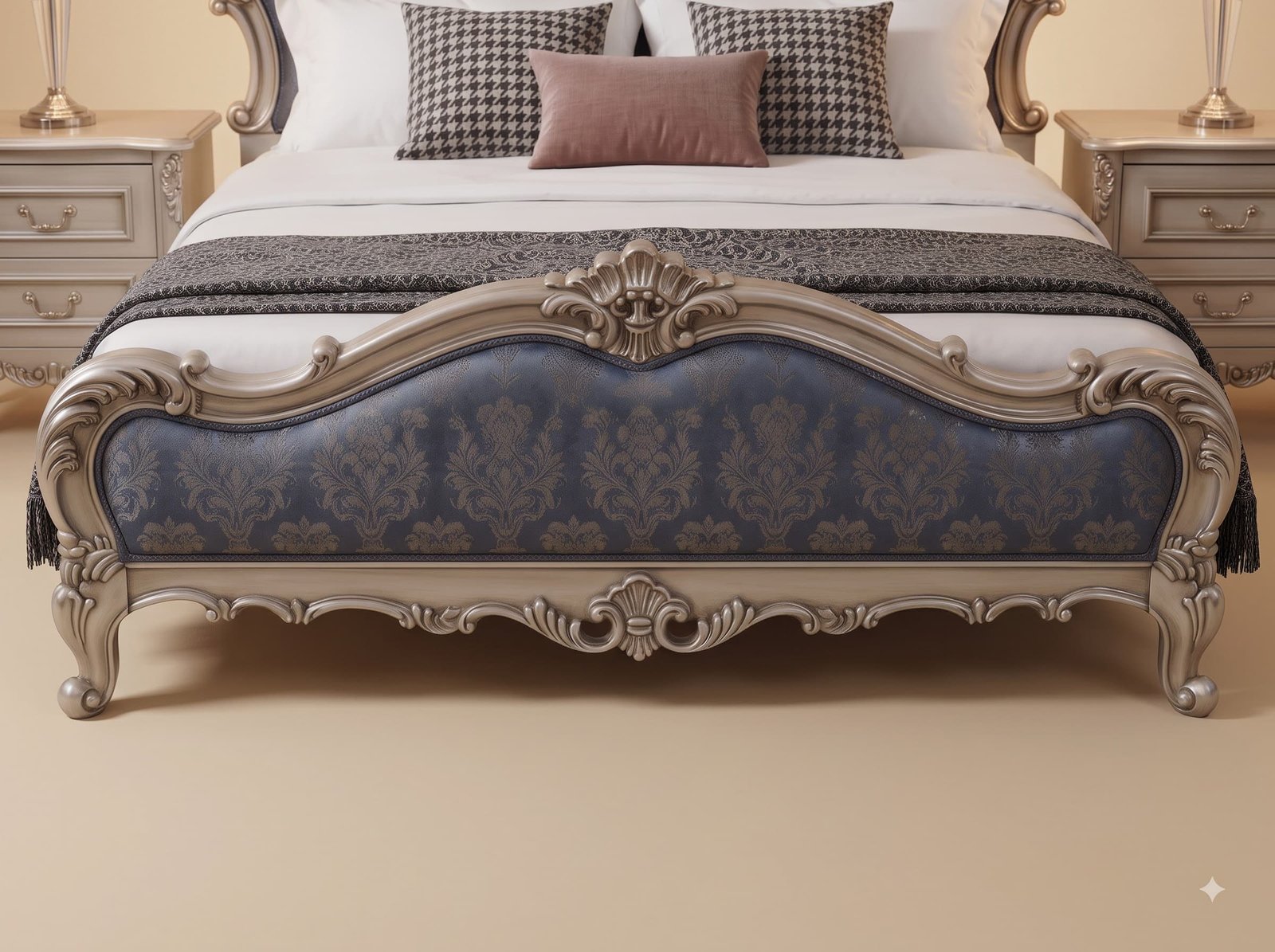 Blue Upholstered King Size Bed in Teak - Silver Carved Damask Frame - Image 3