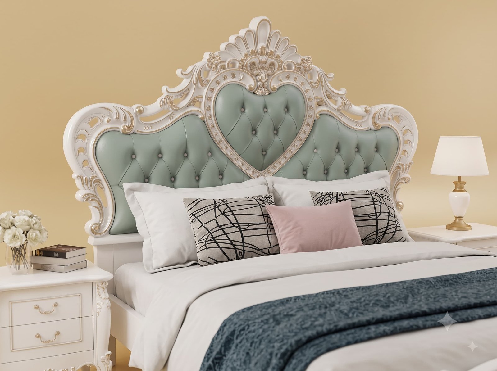 Sage Green Bed in Carved Teak - White Bedroom Set with Bedsides - Image 4