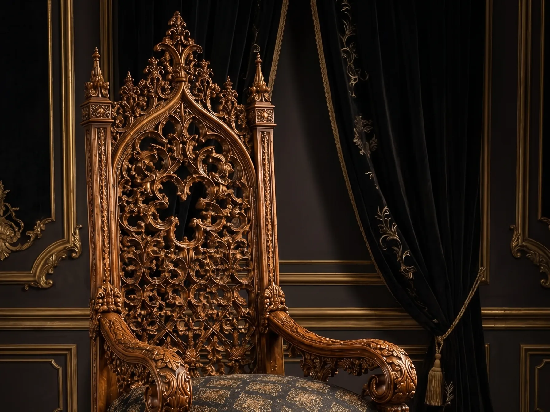 Gold Filigree Gothic High Back Chair with Ottoman | Dark Brocade