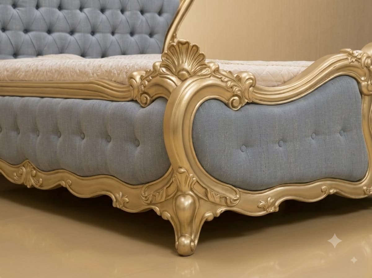 Upholstered Bed Design in Carved Teak - Grey Blue with Champagne Gold - Image 2