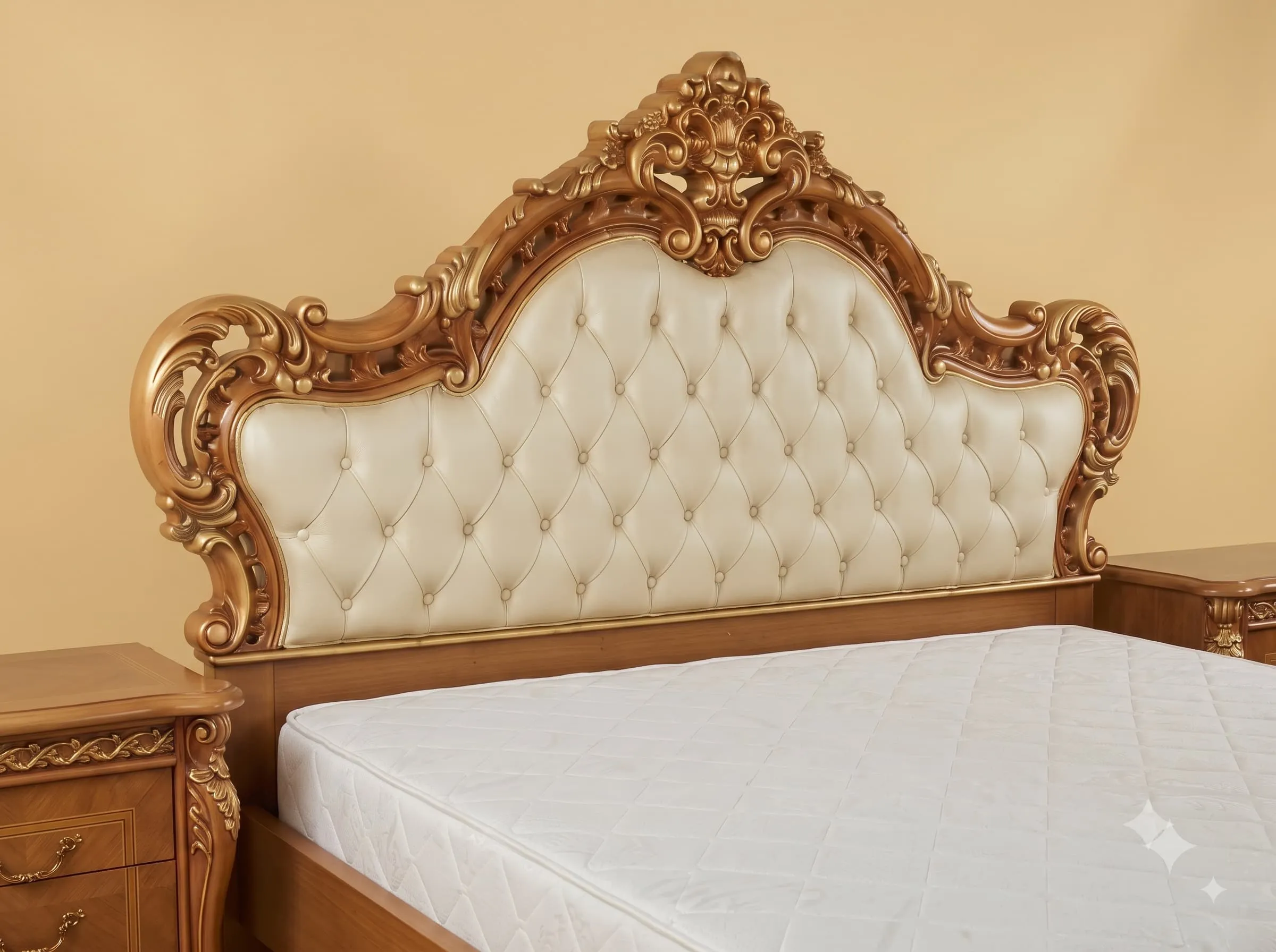 Wooden Bed with Cushion Headboard in Teak - Honey Finish with Gold