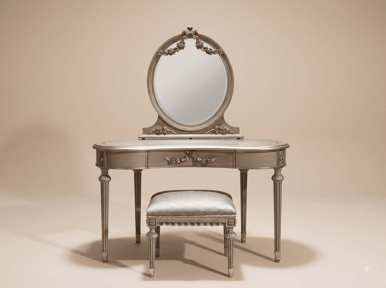 Dressing Table with Round Mirror in Carved Teak - Silver Leaf with Stool
