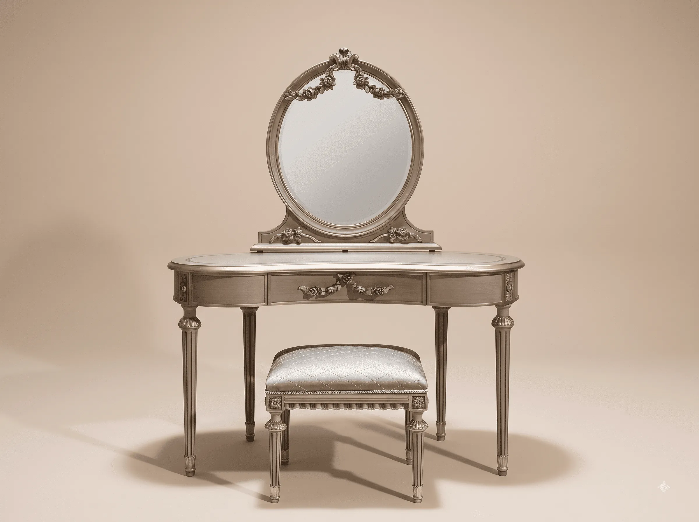 Dressing Table with Round Mirror in Carved Teak - Silver Leaf with Stool