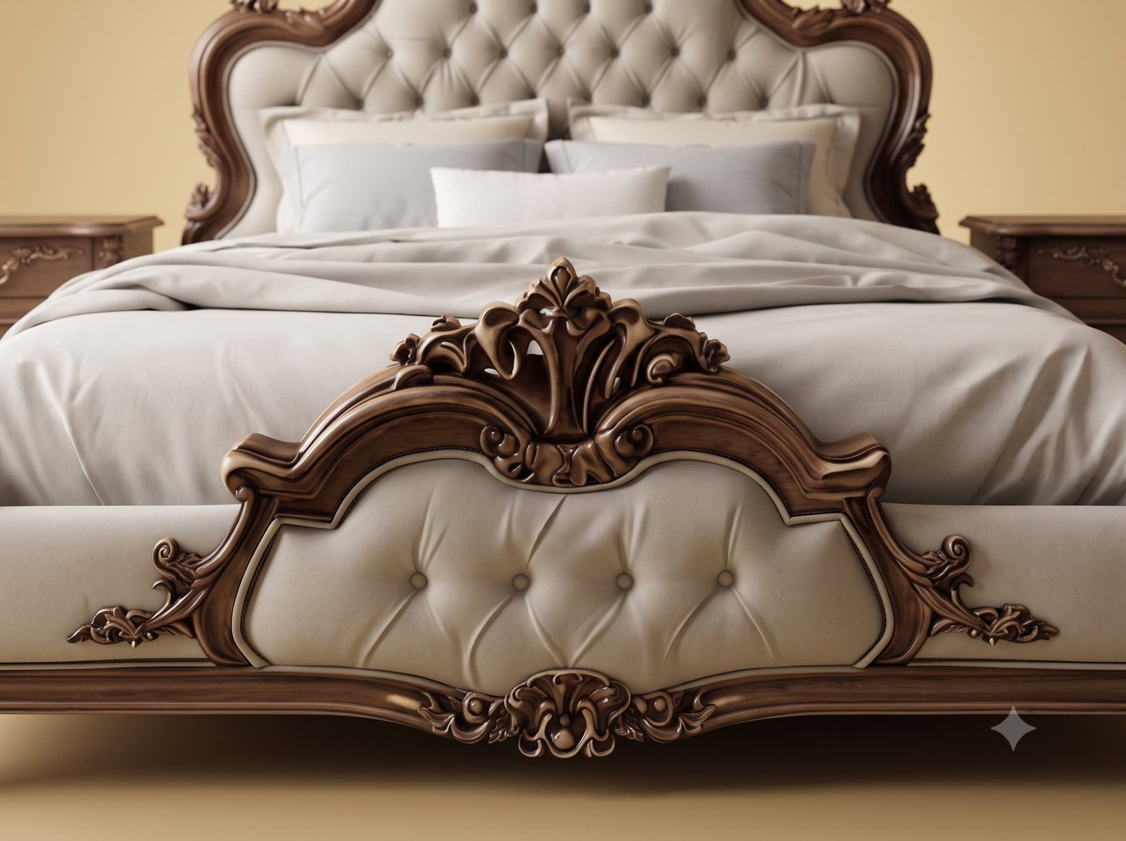 Grey Bed Design in Carved Teak - Walnut Frame with Tufted Panels - Image 3