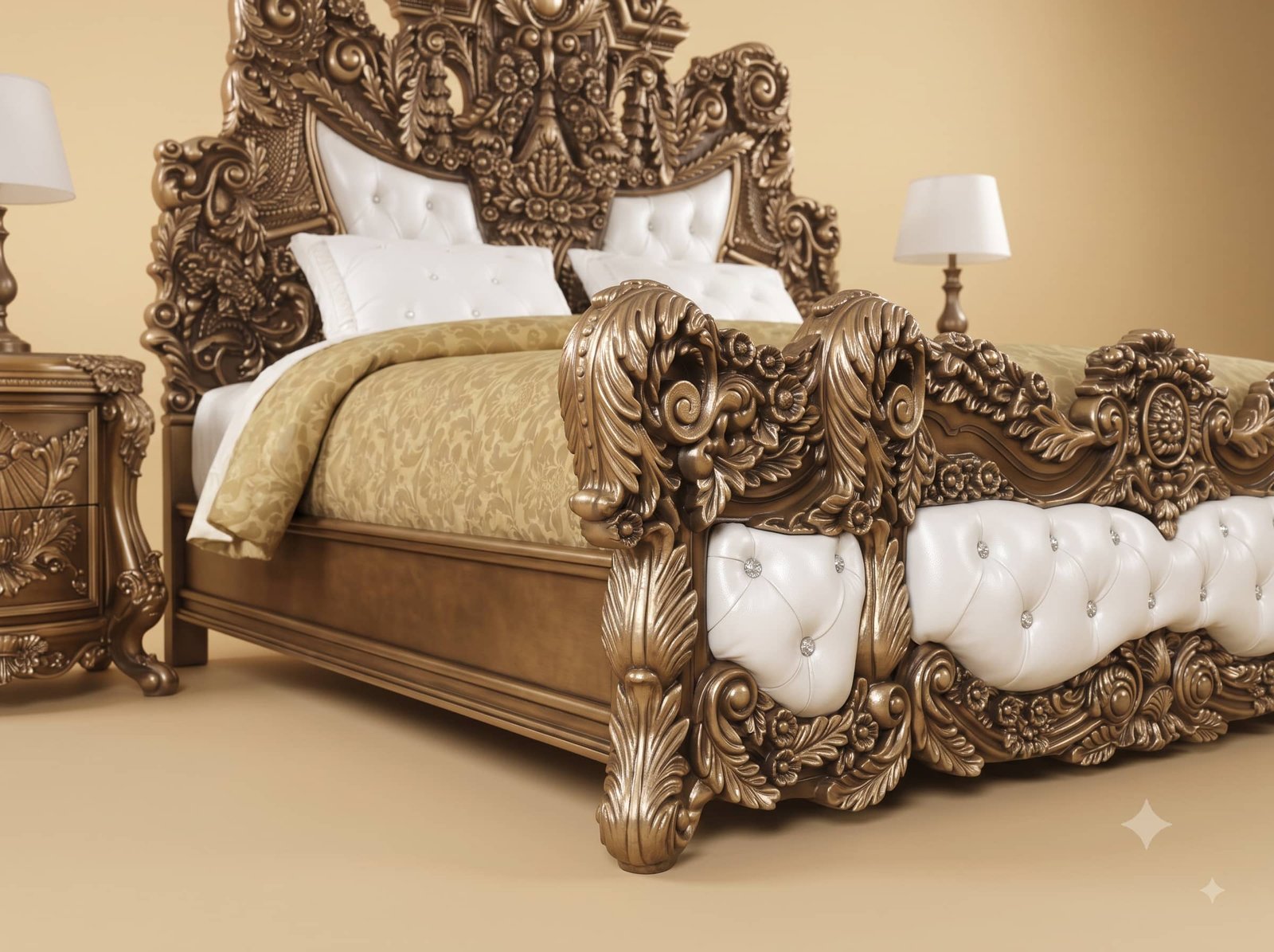 Luxury Bed Design in Carved Teak - Antique Bronze with Tufted Panels - Image 2