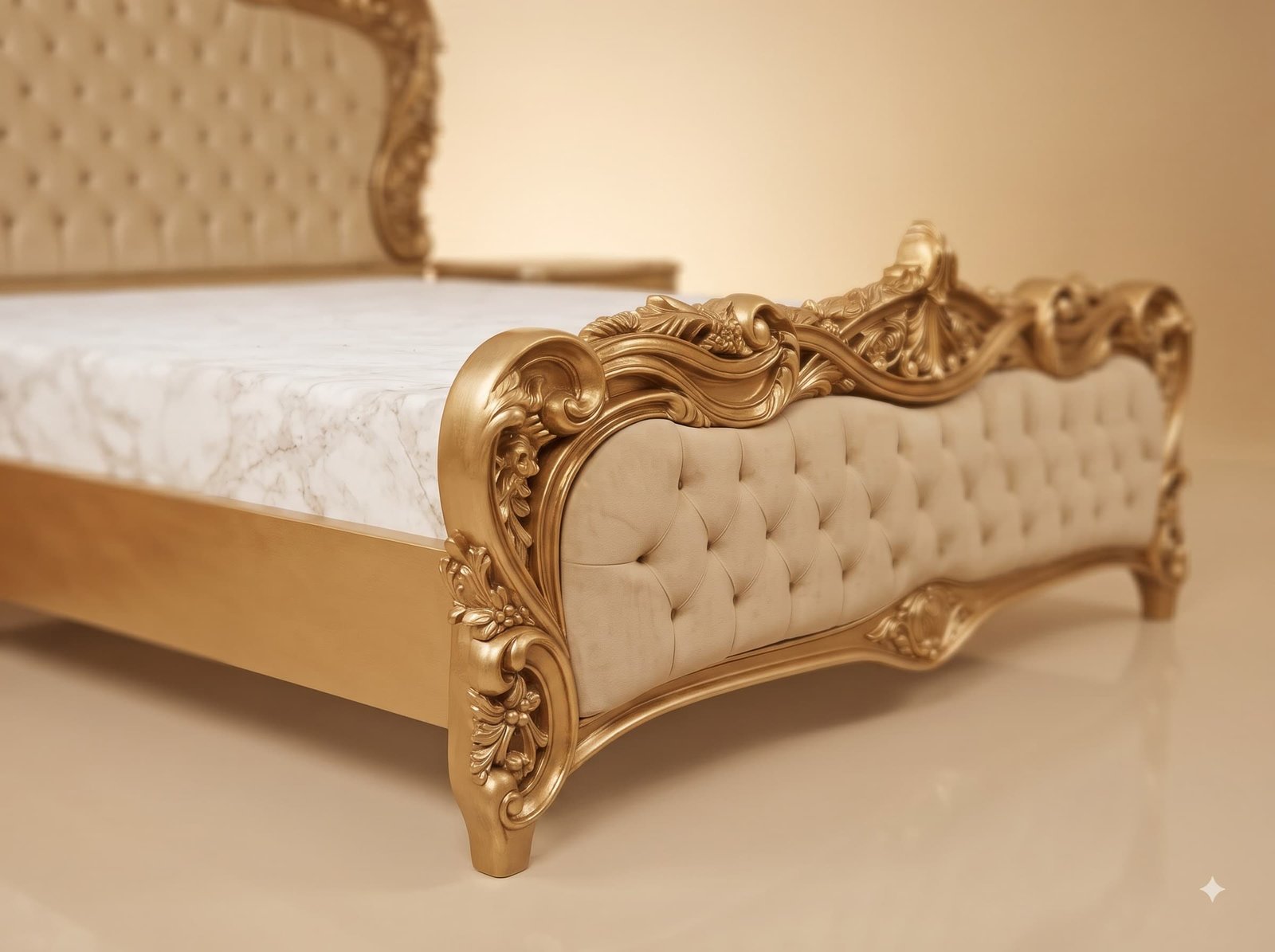 Velvet King Size Bed in Carved Teak - Gold Frame with Tufted Headboard - Image 2