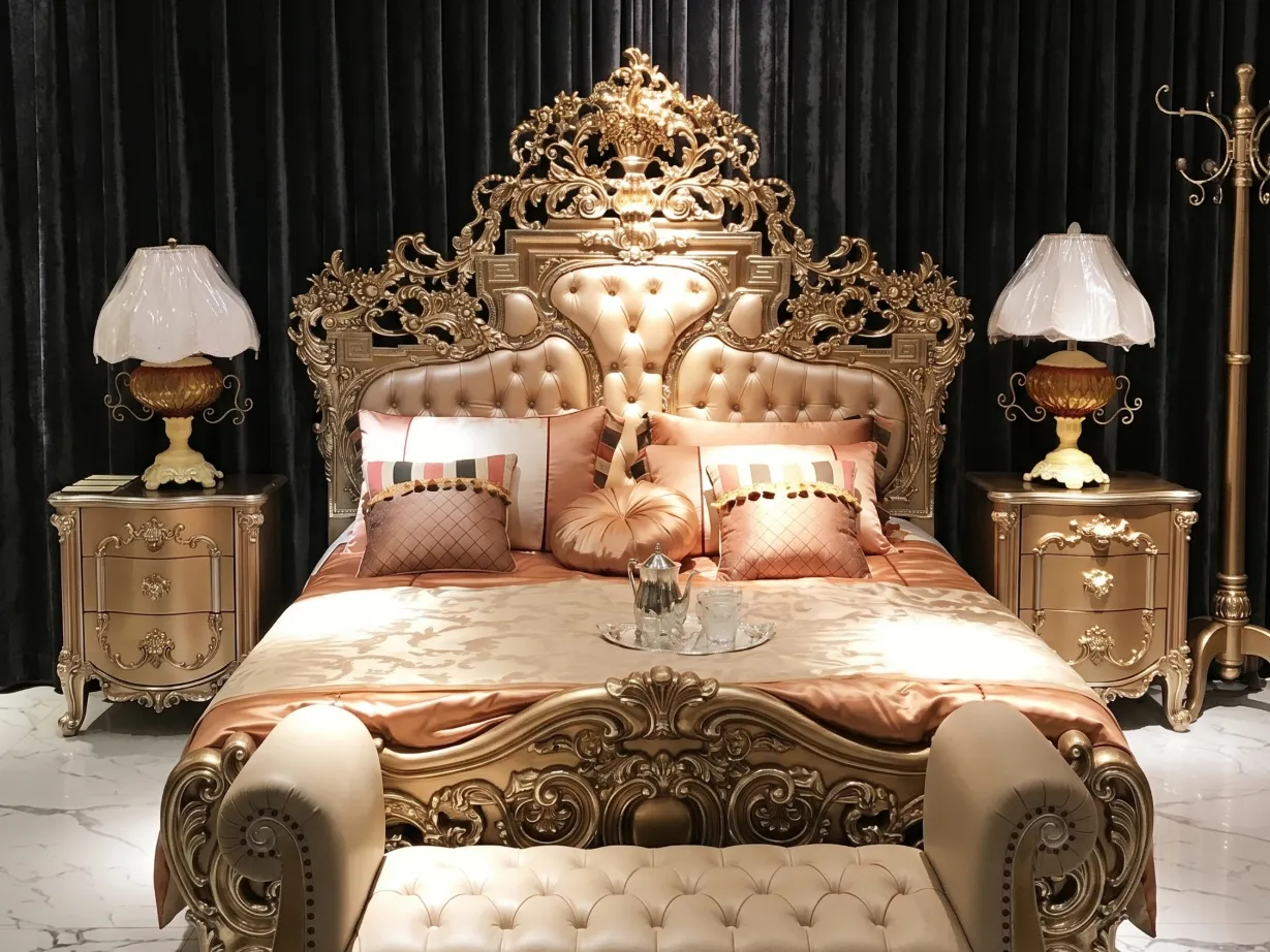 Royal Baroque Hand-Carved Bedroom Set Featuring Antique Gold &amp; Champagne Finish, Ornate Scrollwork Headboard, Tufted Upholstery &amp; Full Luxury Coordinated Furnishings