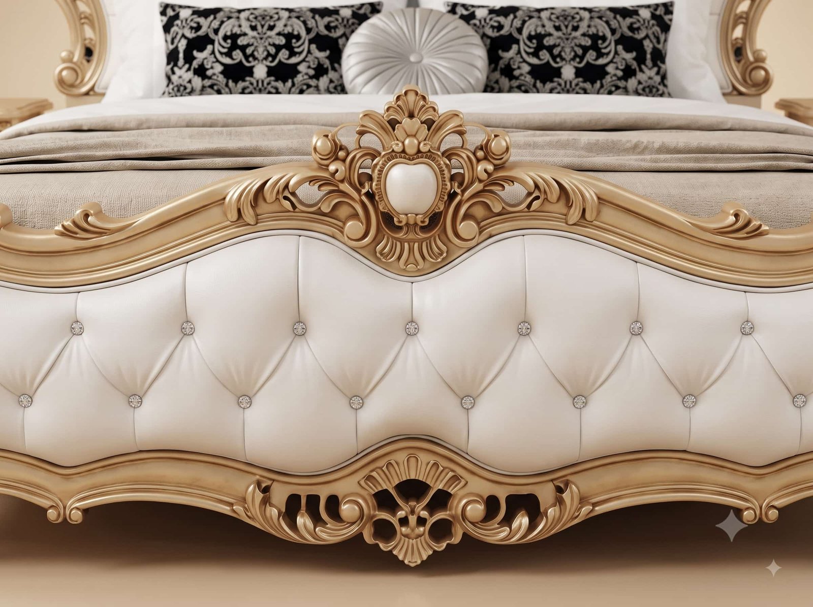 White Bed Design in Carved Teak - Buttoned Panels with Gold Frame - Image 2