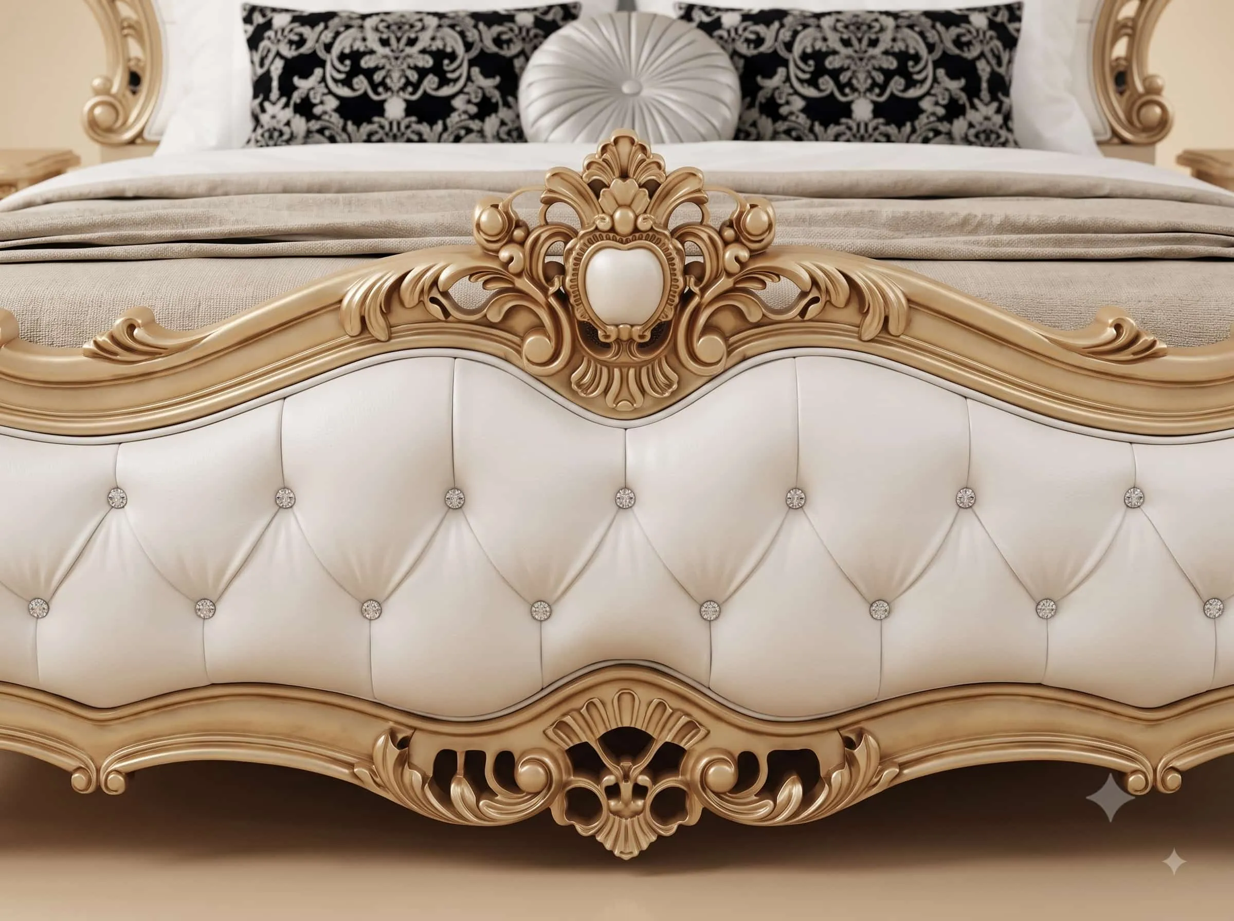 White Bed Design in Carved Teak - Buttoned Panels with Gold Frame