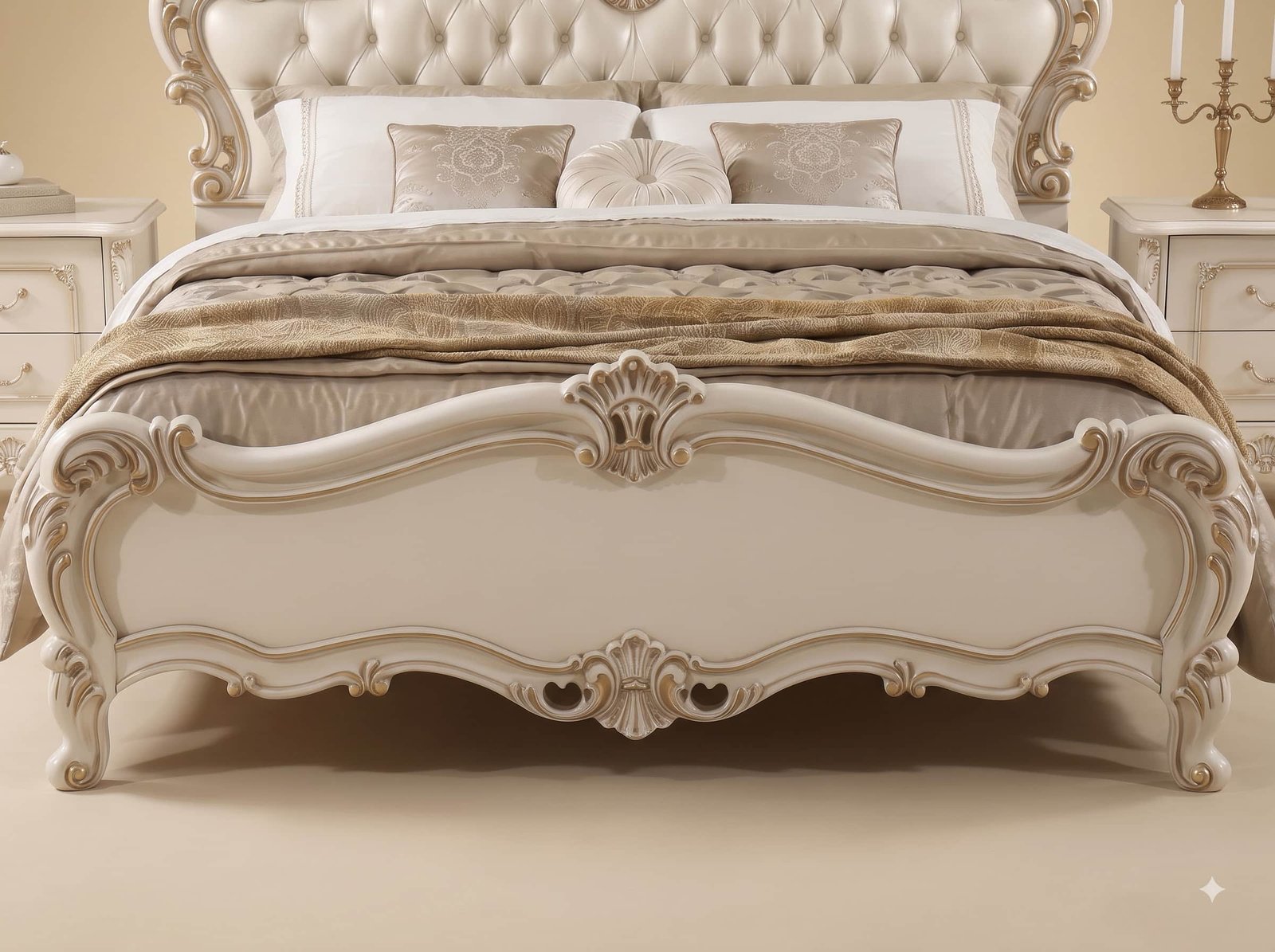 Teak Wood King Size Bed with Side Tables - Cream Heart Carved Headboard - Image 3